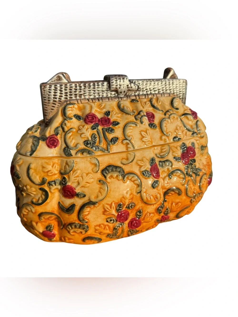 International Bazaar Purse Cookie Jar Floral Ceramic Canister Cottagecore Decor